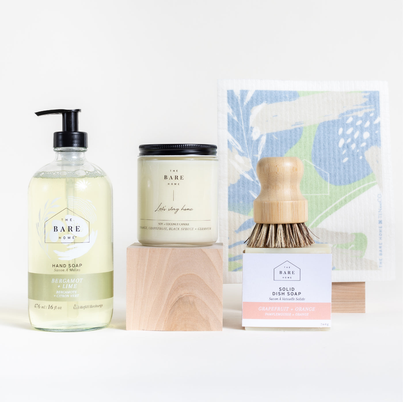 Natural + Sustainable Bundle with Sponge Cloth, 476ml Hand Soap Bottle, Candle, Solid Dish Soap, Pot Brush