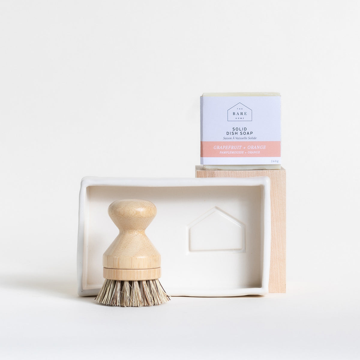 Natural + Sustainable Pot Brush, Solid Dish Soap, Pottery Tray