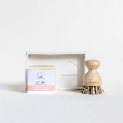 Natural + Sustainable Solid Dish Soap, Pot Brush + Pottery Soap Tray