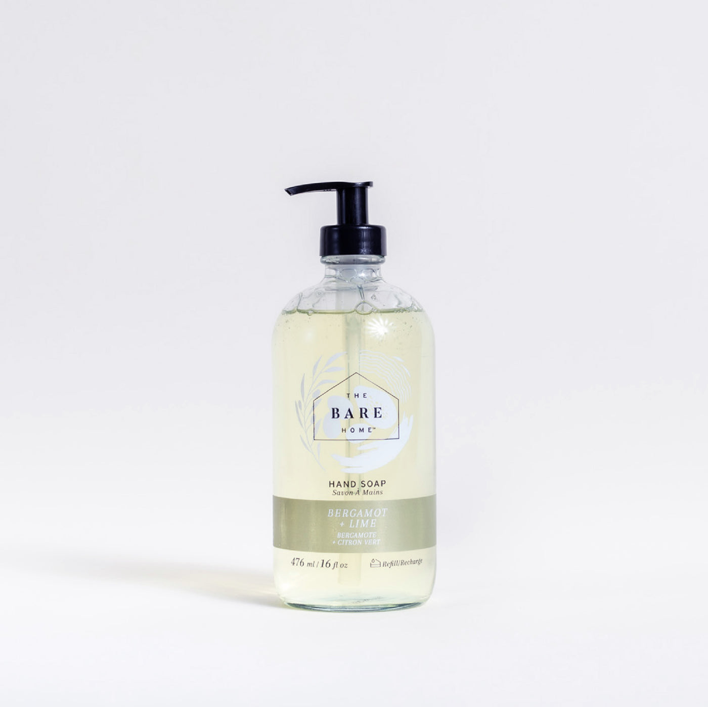 Natural + Refillable Hand Soap in 476ml Glass Bottle Bergamot + Lime