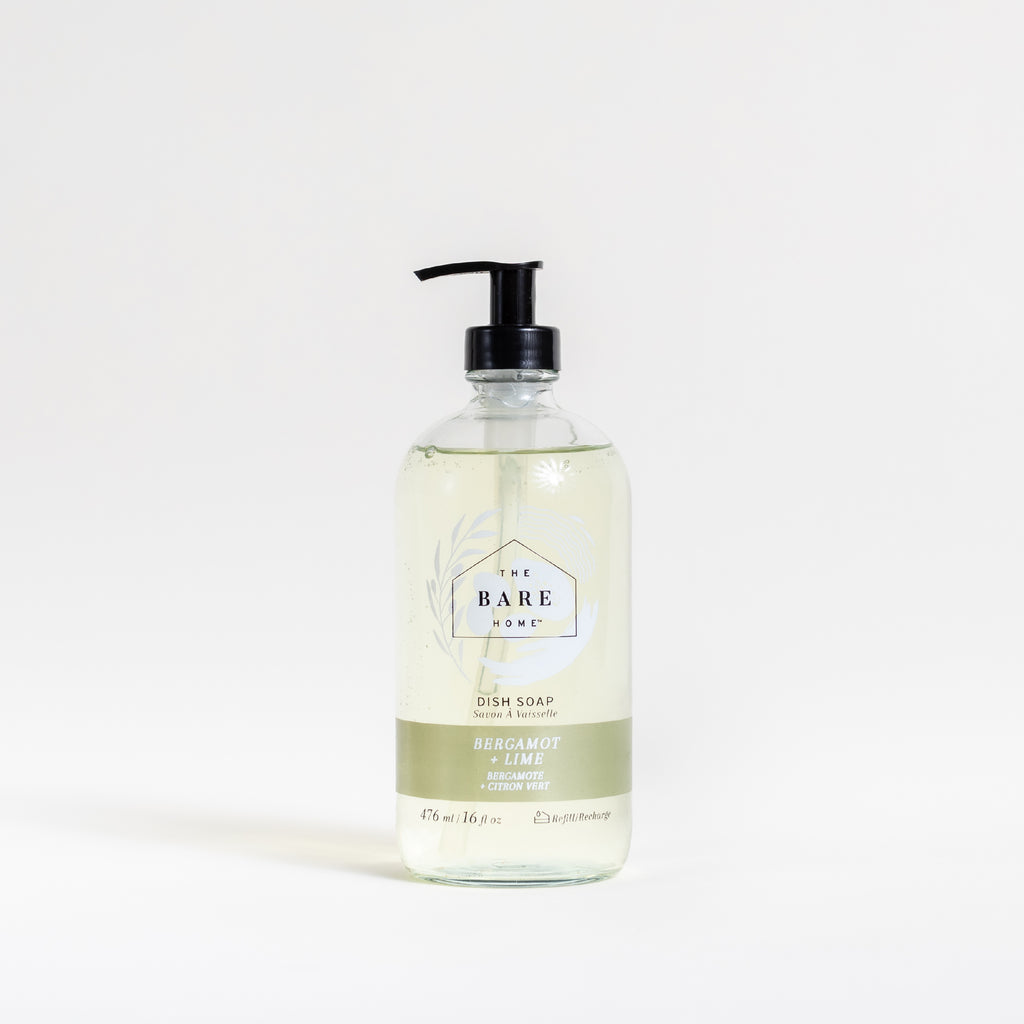 Non-toxic natural bergamot lime dish soap eco-friendly biodegradable cleaning product made in Canada